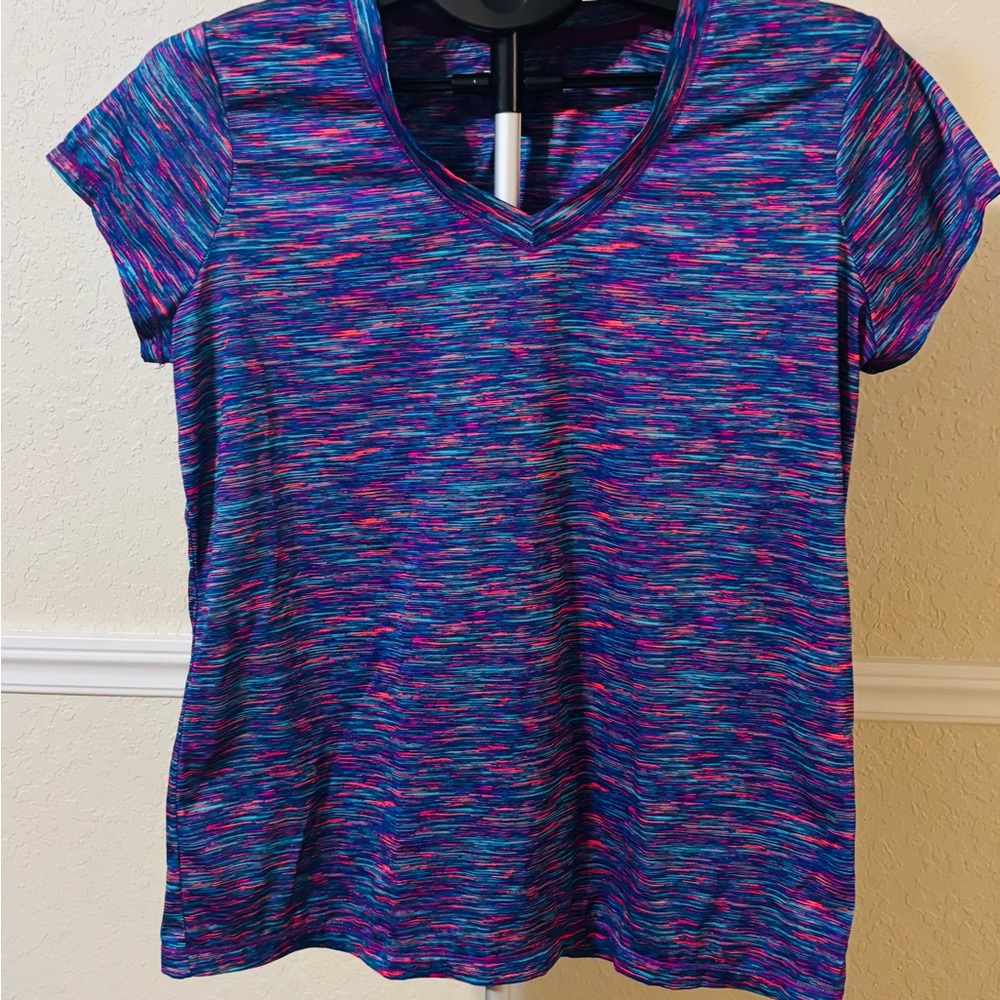Xersion Women's Blue and Pink Short Sleeve V-Neck Top